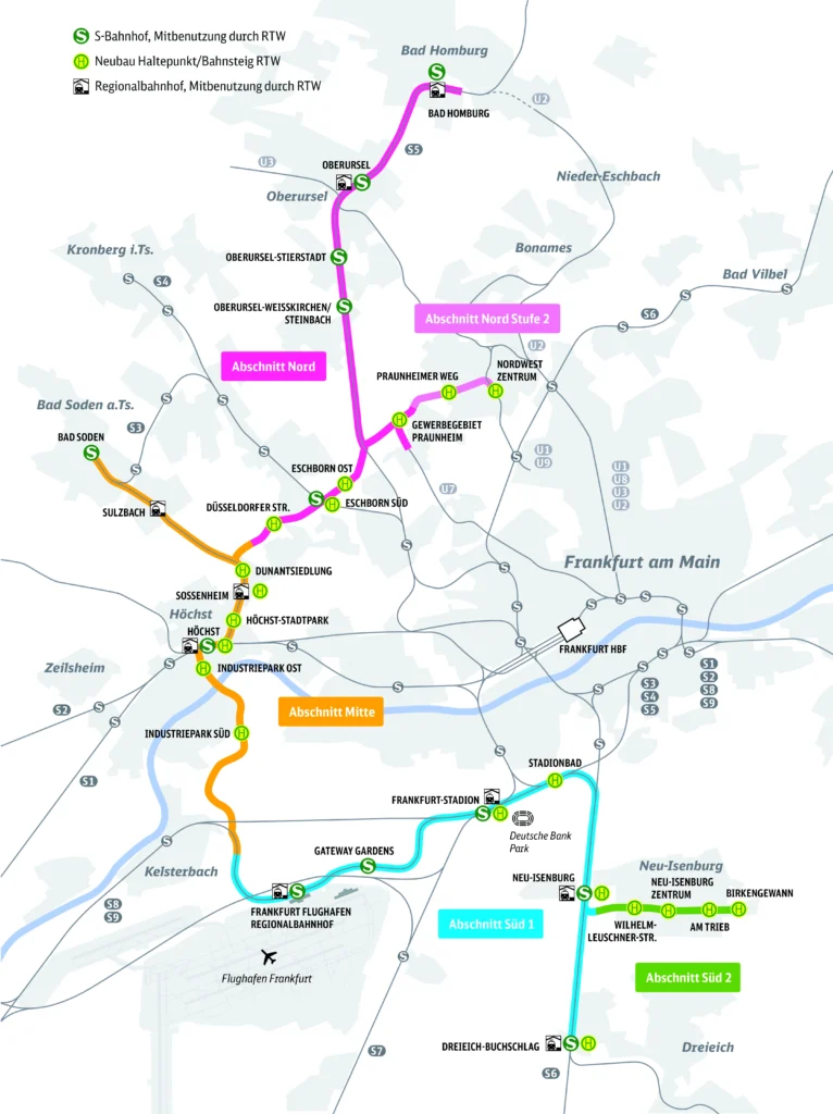 Streckenkarte der Regionaltangente West mit den Abschnitten Nord, Mitte und Süd rund um Frankfurt am Main