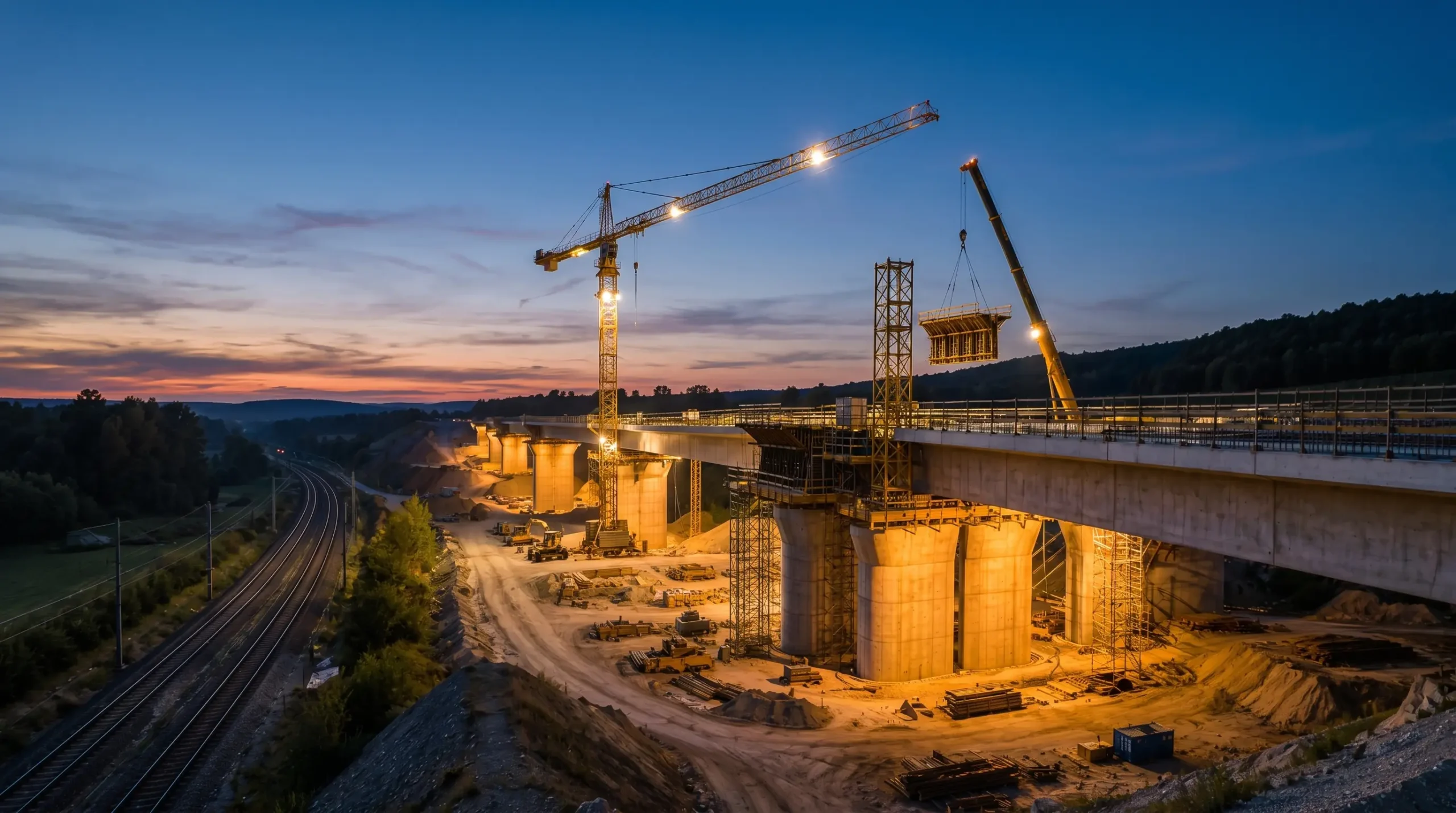 Brückenbaustelle mit Kränen im Abendlicht