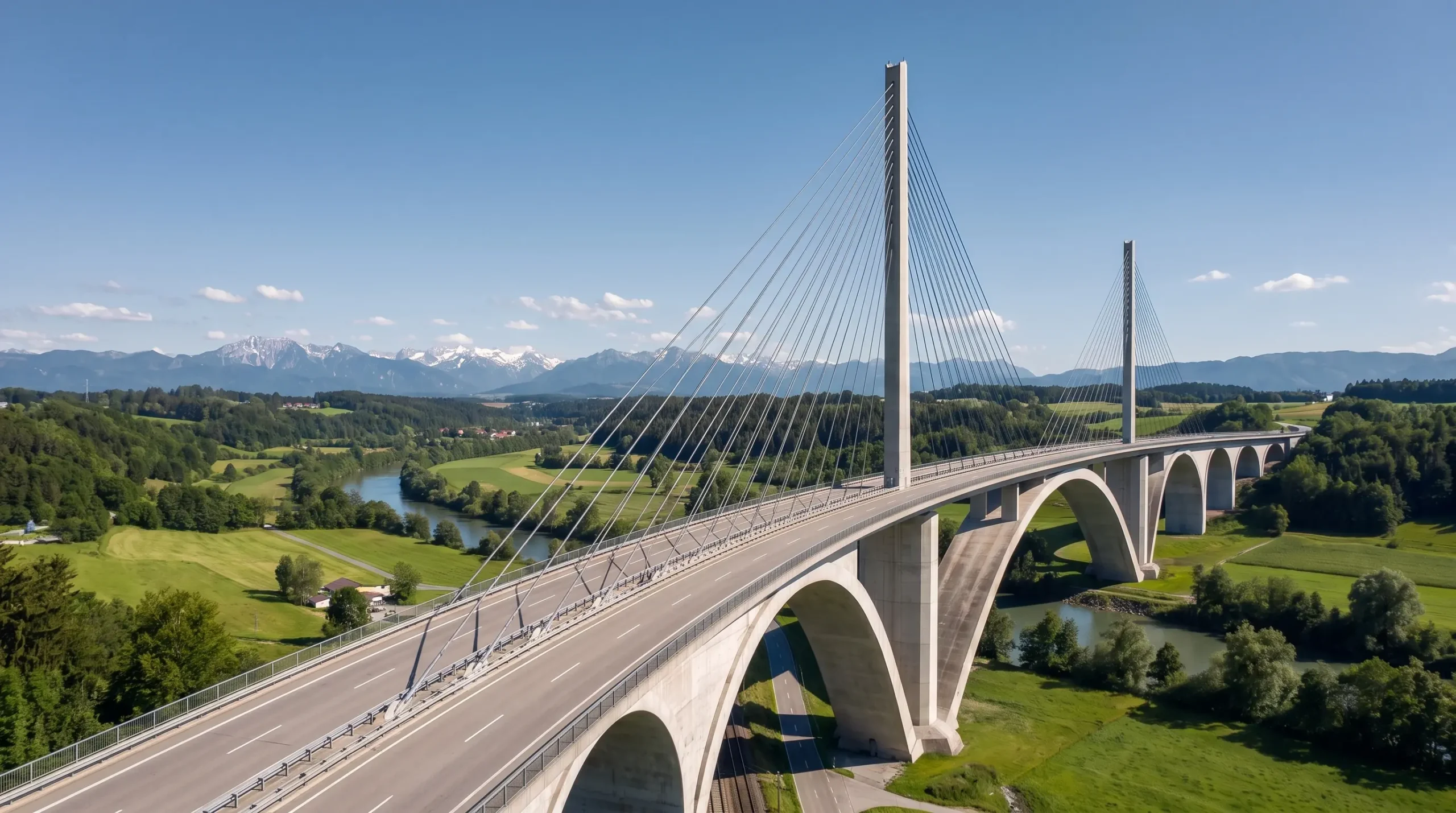 Bogenbrücke mit Pylon und Schrägseilen über einem Flusstal vor Alpenpanorama